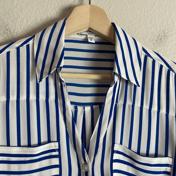 Express Womens Portofino Shirt Womens XS Slim Fit Blue White Striped Button Up - Picture 2 of 7